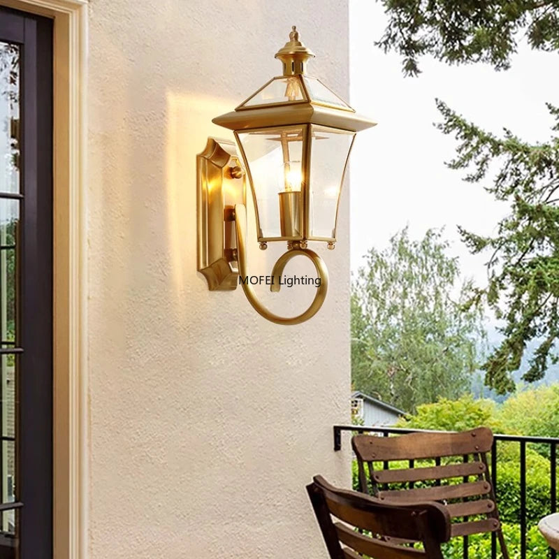 copper outdoor wall sconce, installed in a room interior setting