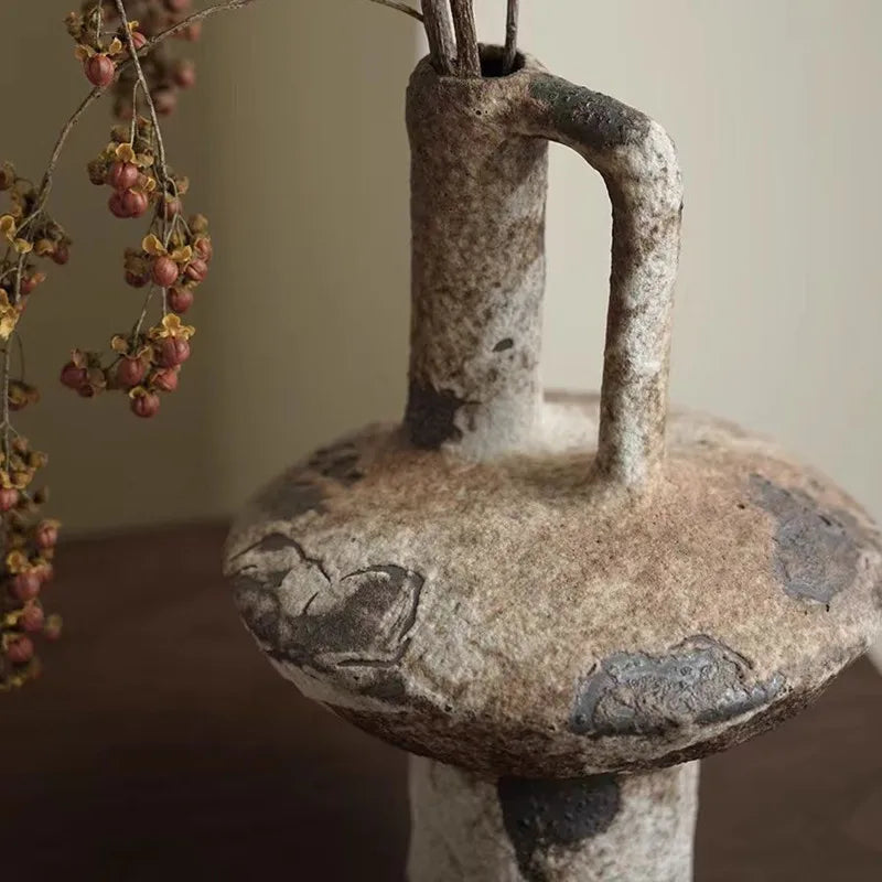 Retro Wabi Sabi coarse ceramic vase Zen dry flower arrangement