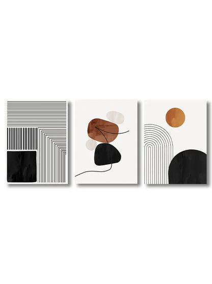 Black White Geometry Line Art 3-Piece Canvas Wall Art Set