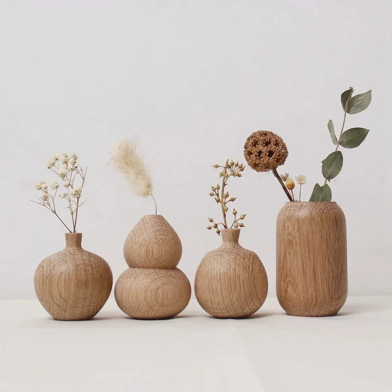 Style D natural wood flower vase with single dried botanical on a Wabi-sabi shelf