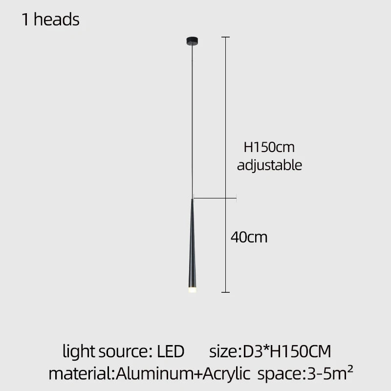 Long pendant chandelier in black with remote control switching
