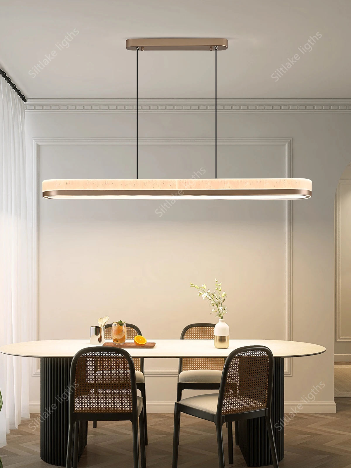 Linear chandelier, 47.2 in long, in a champagne iron finish