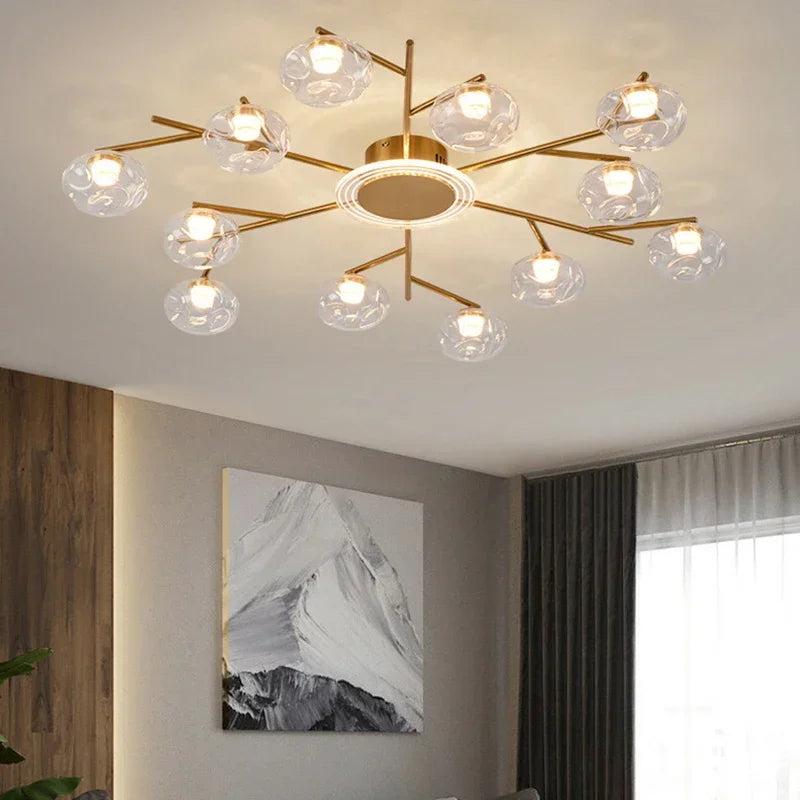 Minimalist glass ball chandelier with clear globes on a gold frame