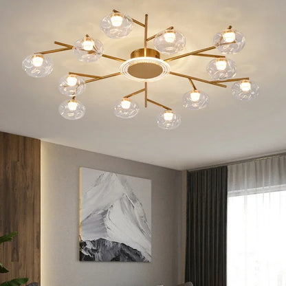 Minimalist glass ball chandelier with clear globes on a gold frame