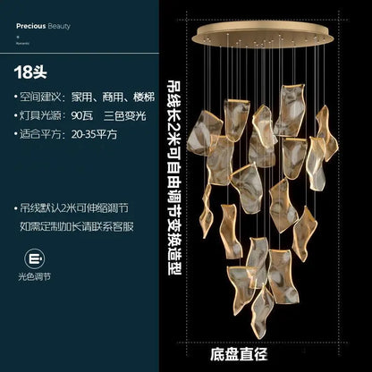 Eighteen head streamer chandelier for a duplex or hotel hall