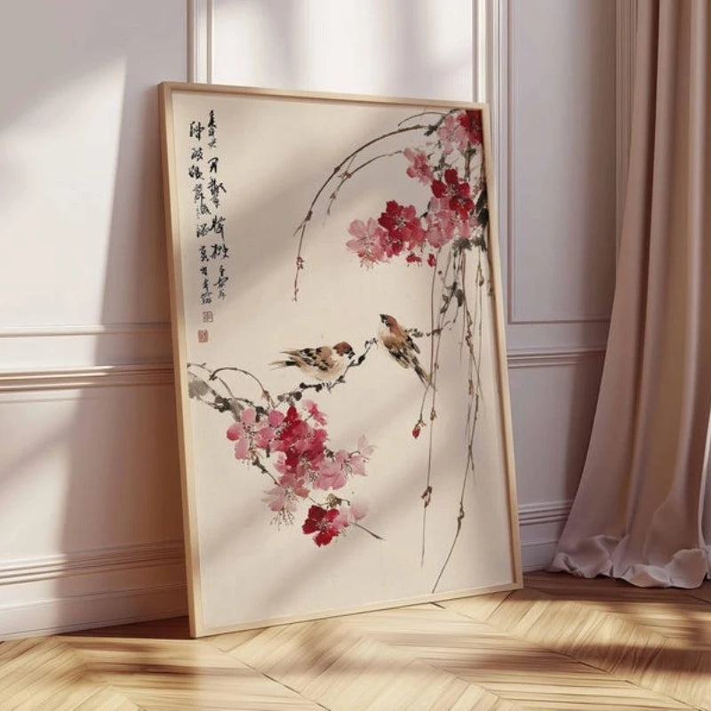 Japanese Bird Cherry Blossom Zen Canvas Wall Art