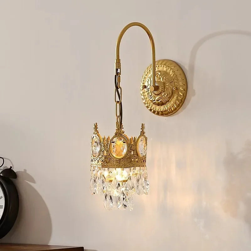 Crown crystal pendant at 9.1 in (23 cm) across in gold iron