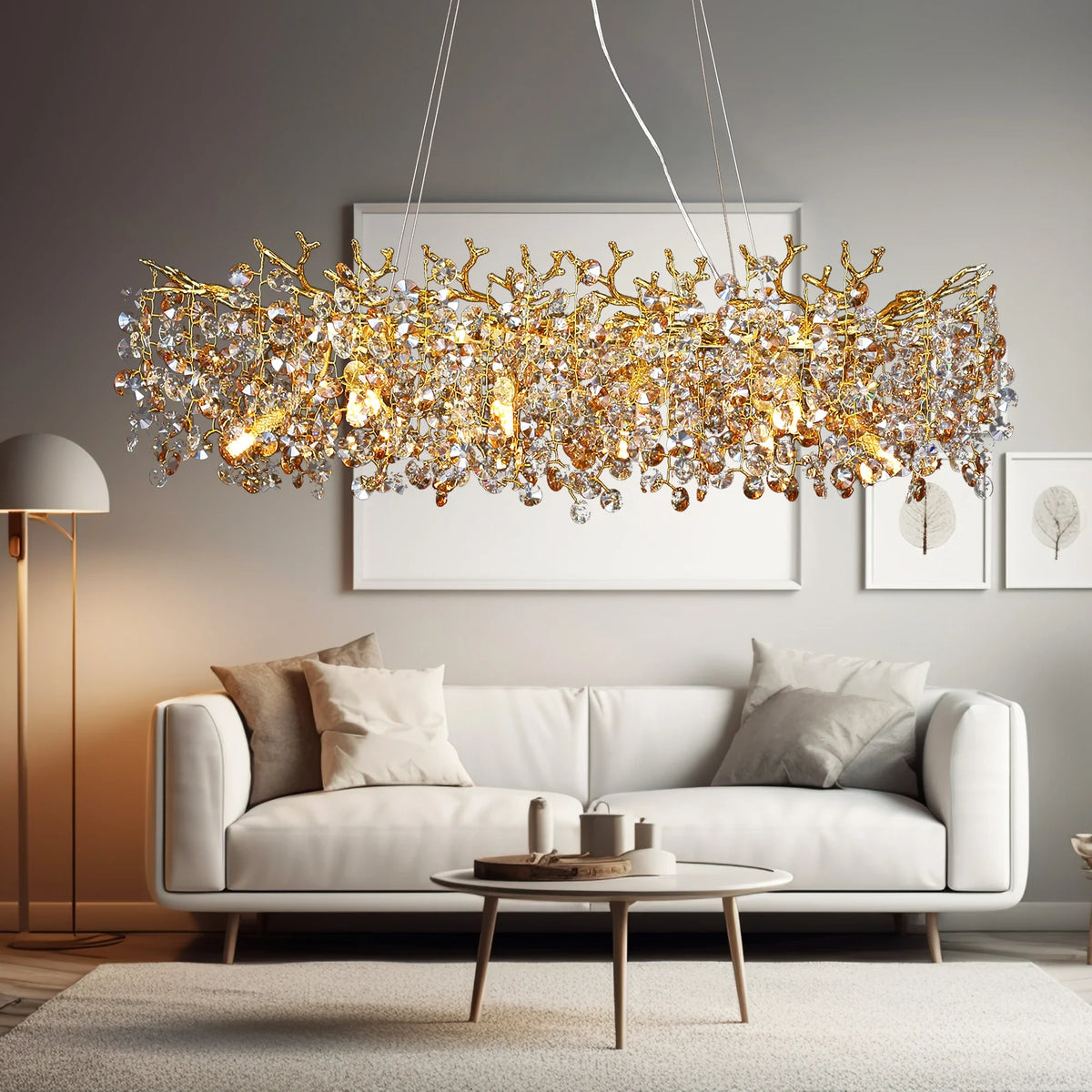 Gold crystal branch chandelier with radiating crystal arms on a slim gold frame
