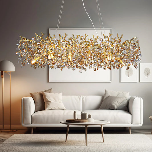 Gold crystal branch chandelier with radiating crystal arms on a slim gold frame
