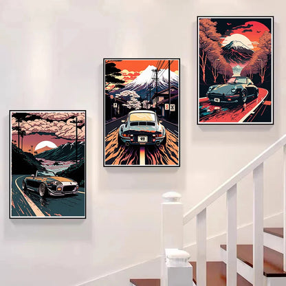 Retro GTR Japanese Landscape Car Canvas Wall Art