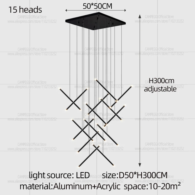 White light across the acrylic diffusers of a long chandelier