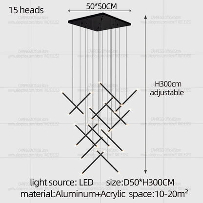 White light across the acrylic diffusers of a long chandelier