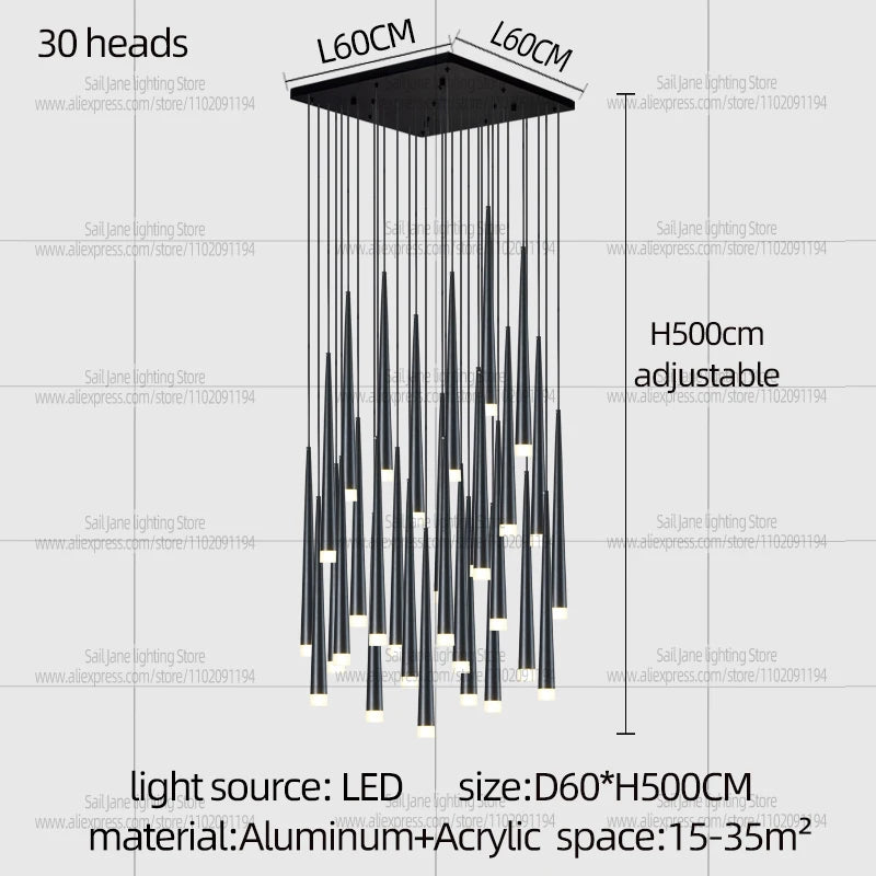 Neutral light setting on a modern Nordic long staircase chandelier