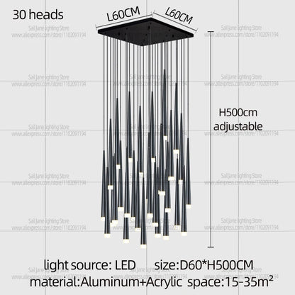Neutral light setting on a modern Nordic long staircase chandelier