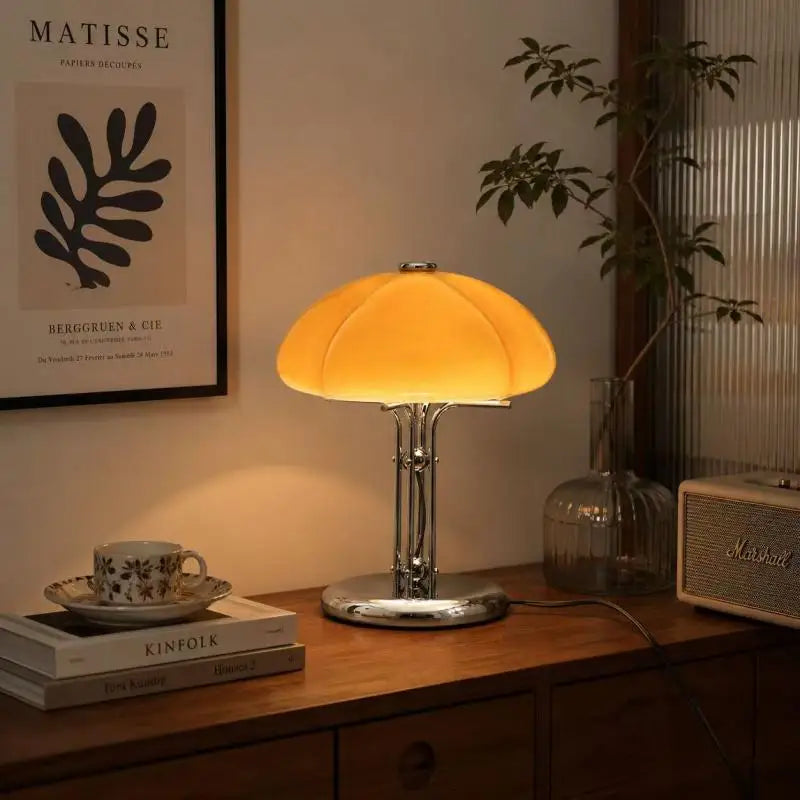 Vintage orange bauhaus mushroom lamp EU plug switched on warm glow