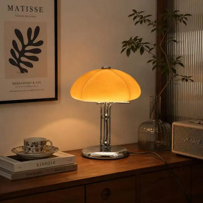 Vintage orange bauhaus mushroom lamp EU plug switched on warm glow