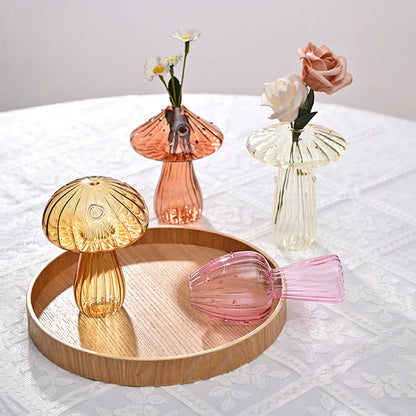 Close-up of mushroom glass bud vase transparent finish