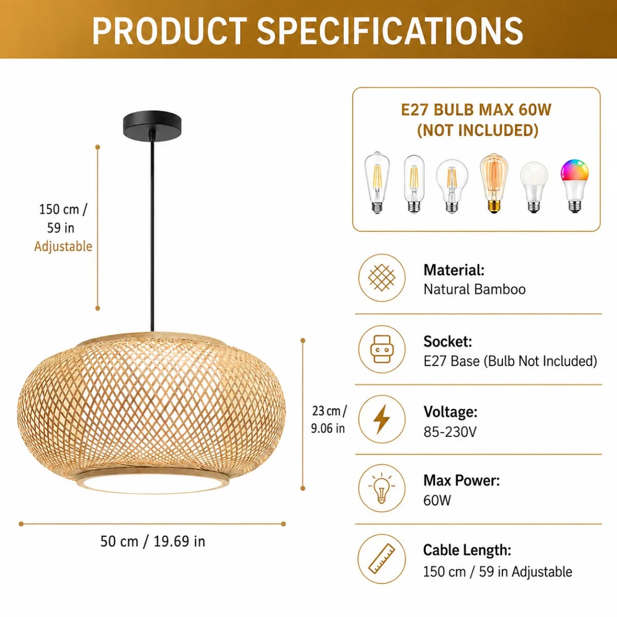 Natural bamboo chandelier lighting 10 to 15 square metres, 90 to 260V