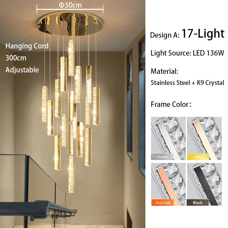 K9 crystal drop detail on the plated stainless steel chandelier