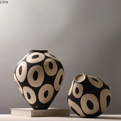 Geometric ceramic flower vase hand-drawn circles porcelain décor
